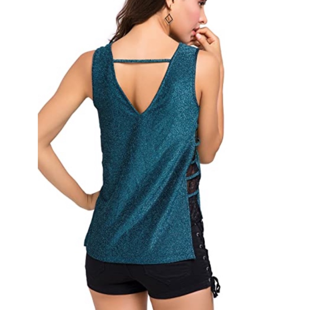 Blue Sparkle Cut Out Open Back Lace Panel Tank Top